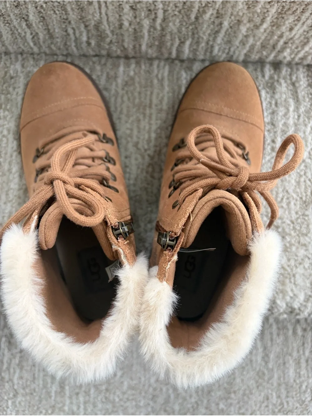 UGG Kids' Azell Hiker boots in chestnut suede. Big Kids Size 6.
